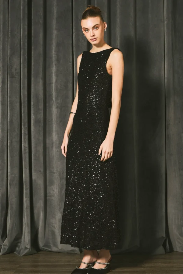 ENDLESS ROSE Tops*- Open Back Sleeveless Sequins Maxi Dress BLACK