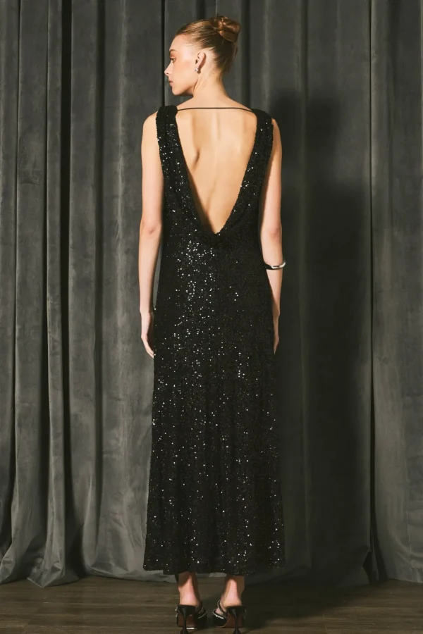 ENDLESS ROSE Tops*- Open Back Sleeveless Sequins Maxi Dress BLACK