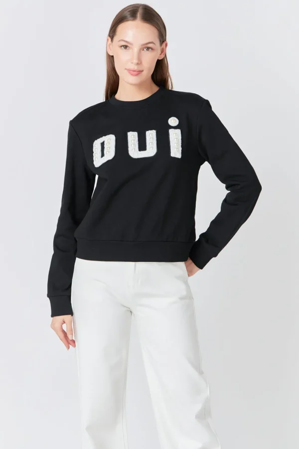 ENDLESS ROSE Tops*- Oui Pearl Embellished Sweatshirt BLACK