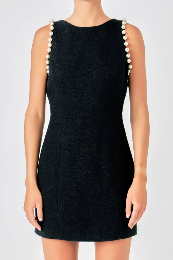 ENDLESS ROSE Tops*- Pearl Accented Mini Dress BLACK