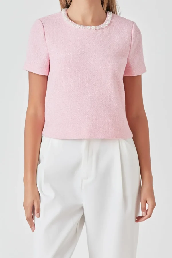 ENDLESS ROSE Tops*- Pearl Trim Linen Top PINK