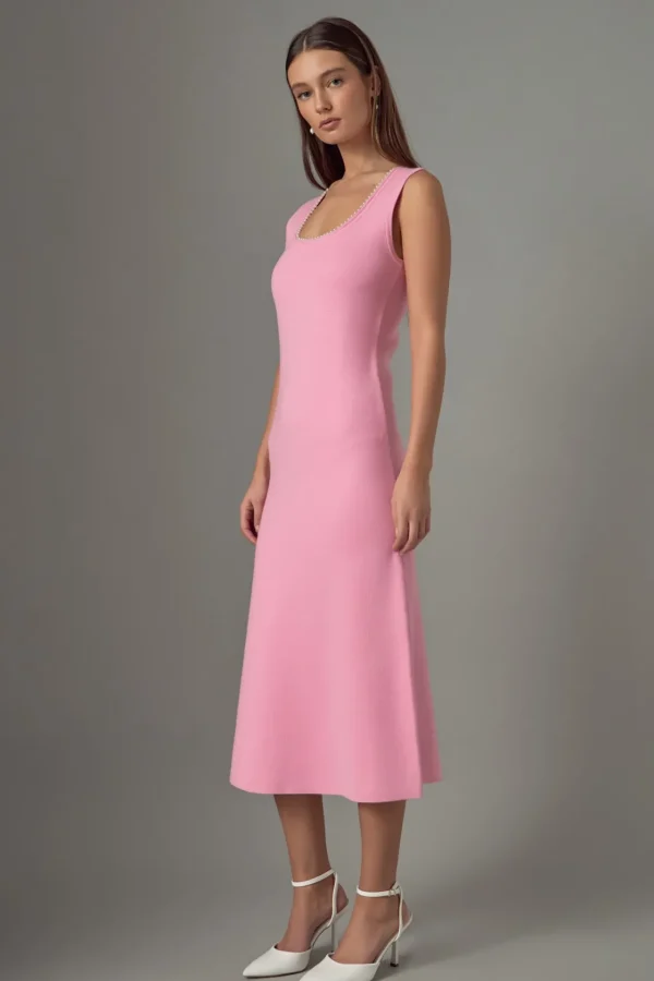 ENDLESS ROSE Tops*- Pearl Trim Knit Midi Dress PINK
