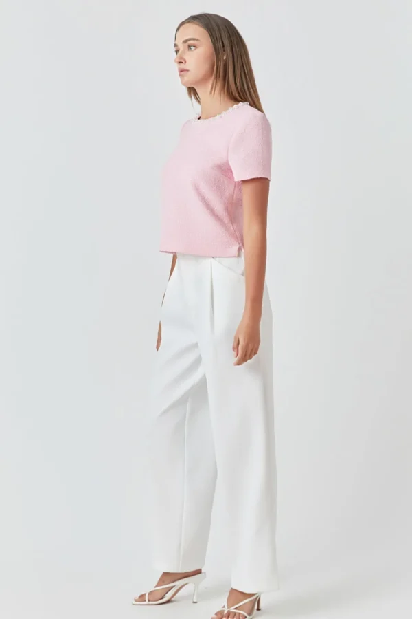 ENDLESS ROSE Tops*- Pearl Trim Linen Top PINK