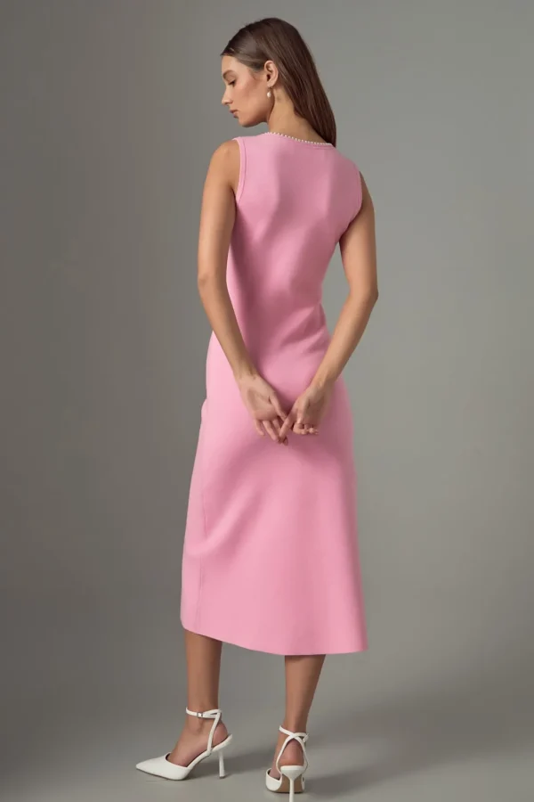 ENDLESS ROSE Tops*- Pearl Trim Knit Midi Dress PINK