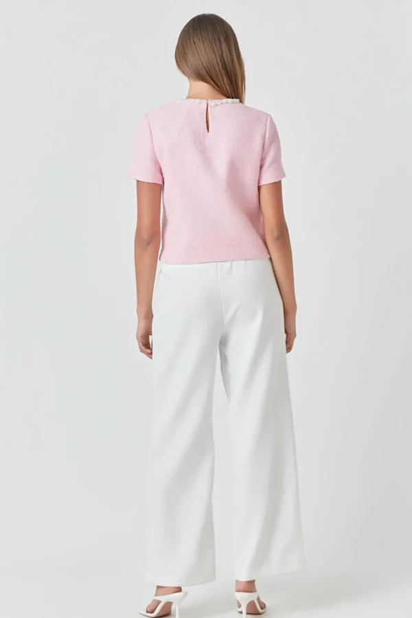 ENDLESS ROSE Tops*- Pearl Trim Linen Top PINK