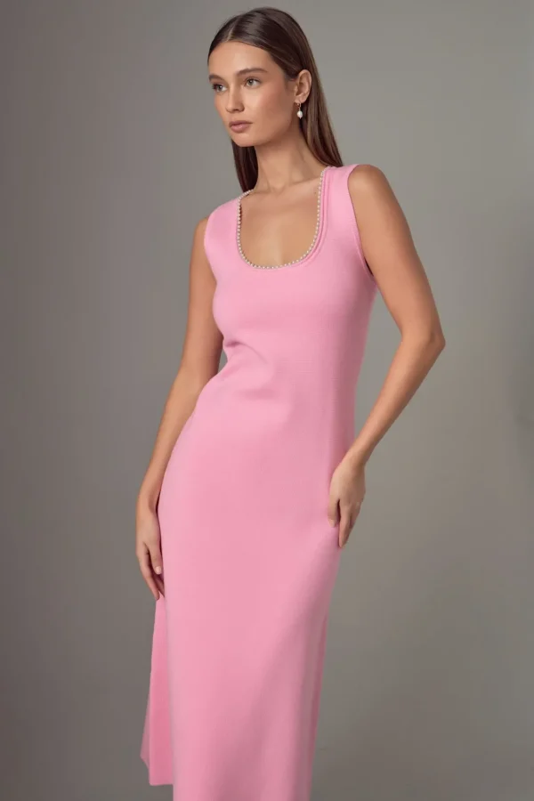 ENDLESS ROSE Tops*- Pearl Trim Knit Midi Dress PINK