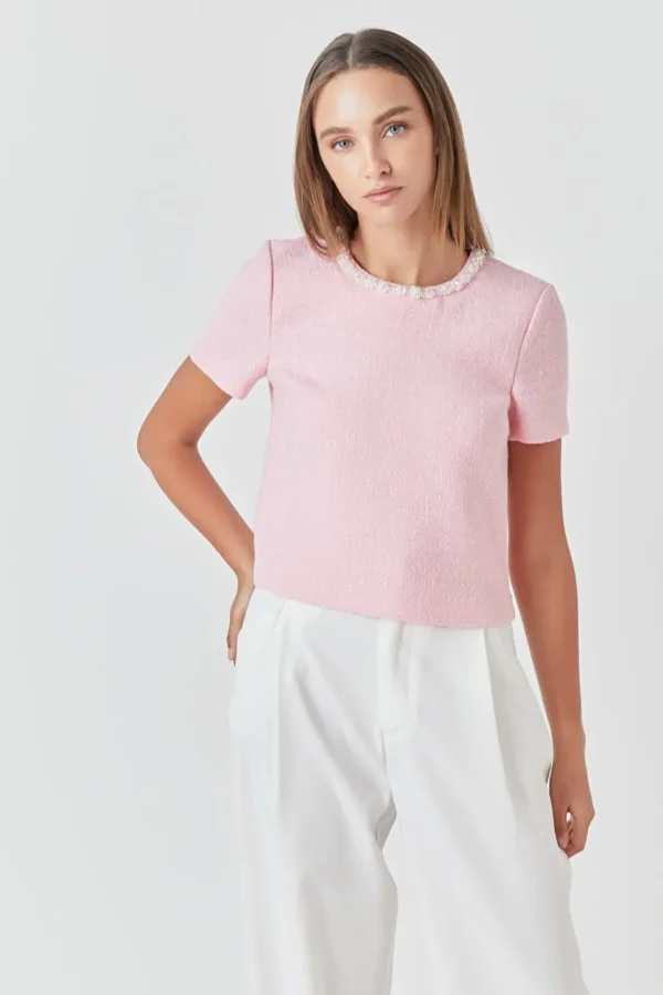 ENDLESS ROSE Tops*- Pearl Trim Linen Top PINK