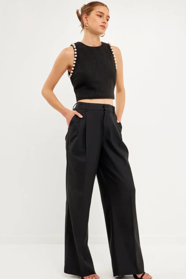 ENDLESS ROSE Tops*- Pearl Trimmed Top BLACK