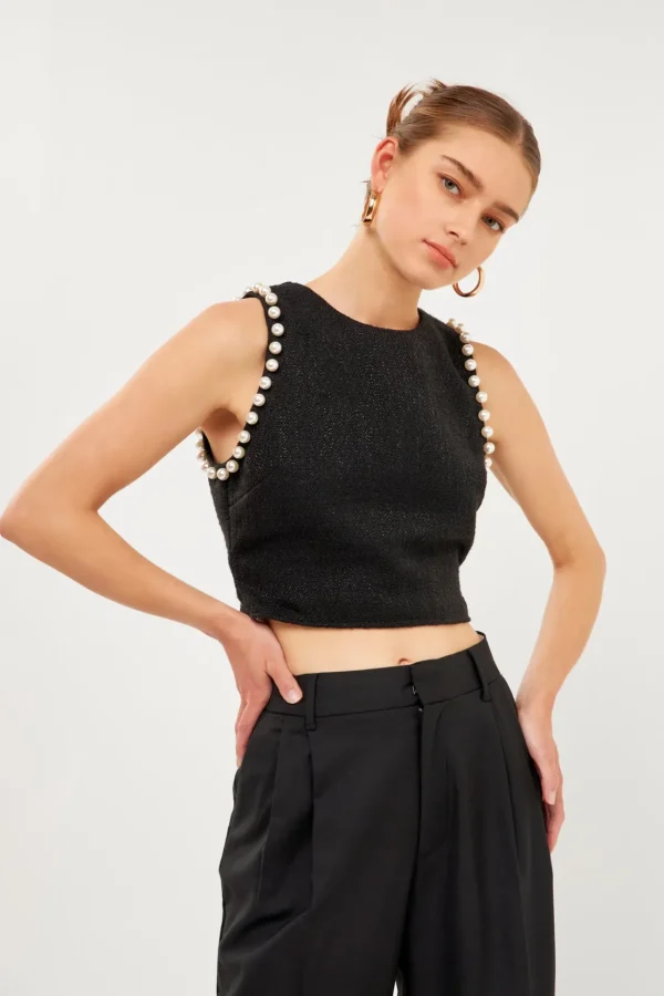 ENDLESS ROSE Tops*- Pearl Trimmed Top BLACK
