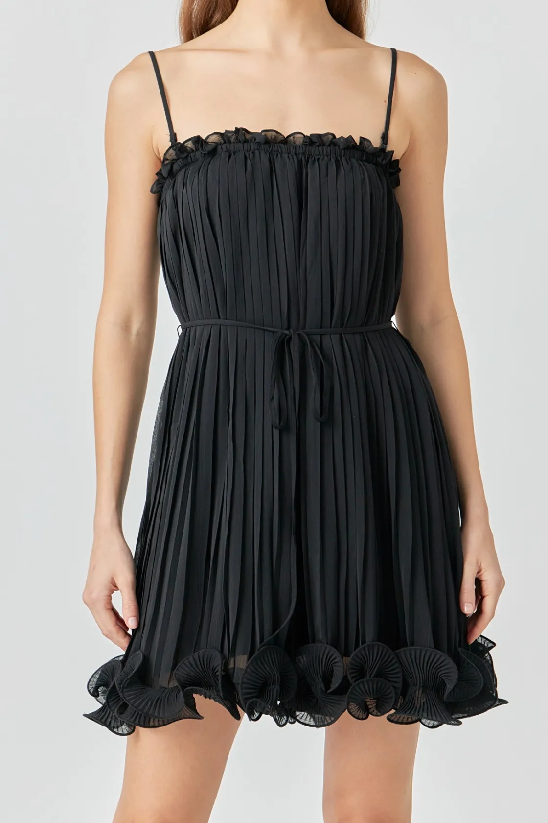 endless_rose__pleated_chi_0.webp ENDLESS ROSE Tops*- Pleated Chiffon Ruffle Mini Dress BLACK