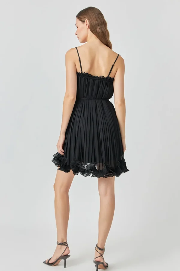 ENDLESS ROSE Tops*- Pleated Chiffon Ruffle Mini Dress BLACK
