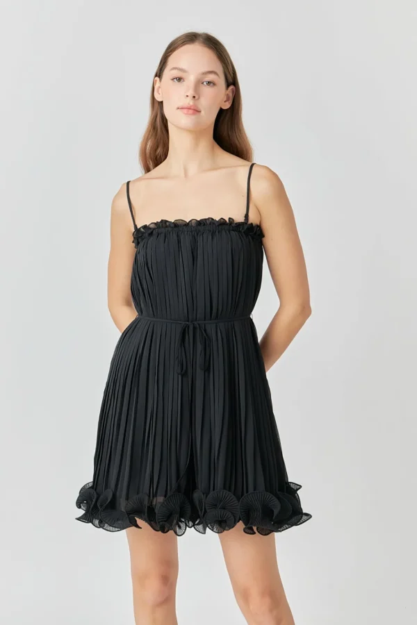 ENDLESS ROSE Tops*- Pleated Chiffon Ruffle Mini Dress BLACK