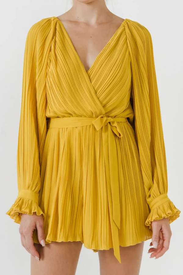 ENDLESS ROSE Tops*- Pleated Surplice Romper YELLOW