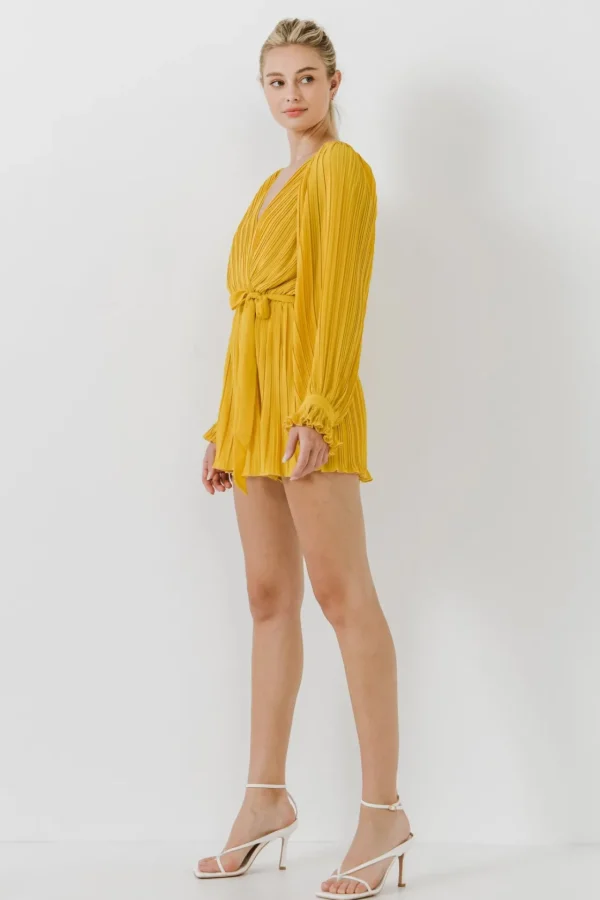 ENDLESS ROSE Tops*- Pleated Surplice Romper YELLOW