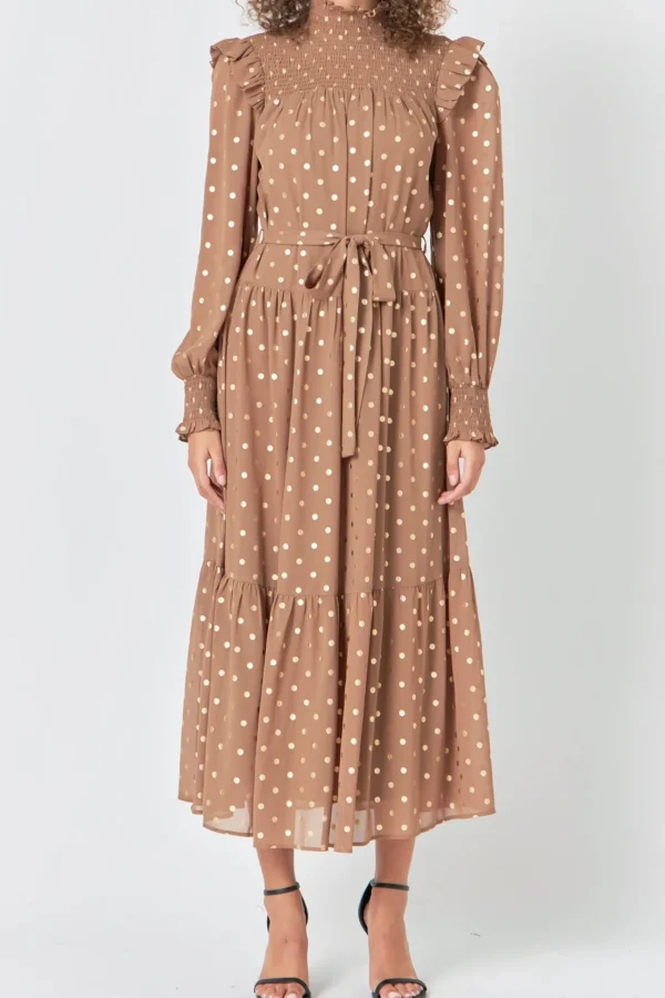 ENDLESS ROSE Tops*- Polka Dot Maxi Dress TAN