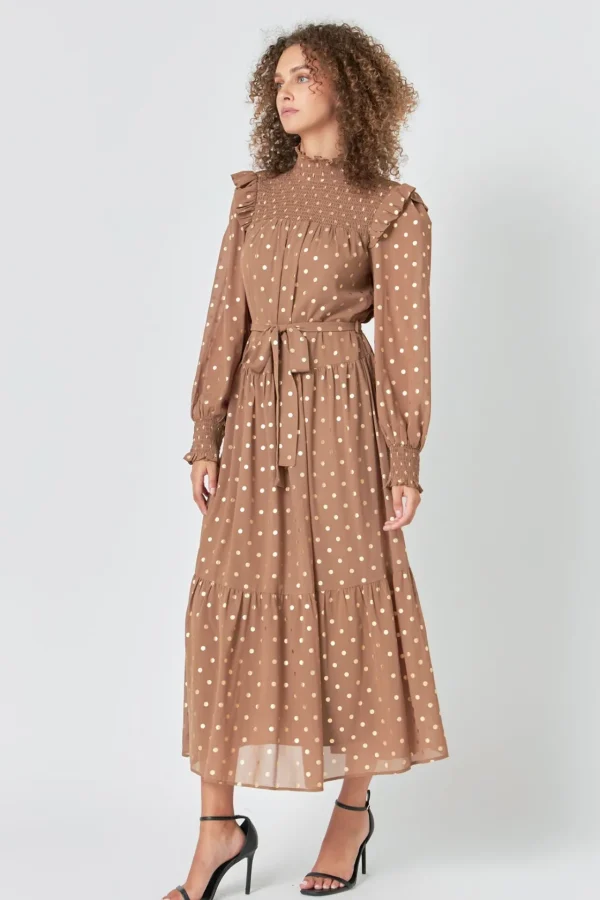 ENDLESS ROSE Tops*- Polka Dot Maxi Dress TAN