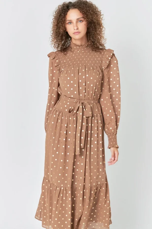ENDLESS ROSE Tops*- Polka Dot Maxi Dress TAN