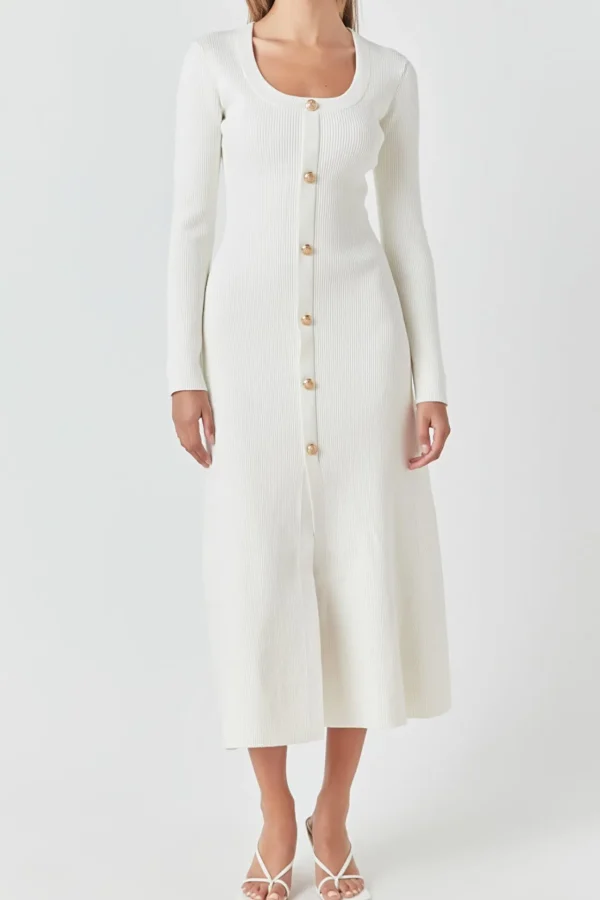 ENDLESS ROSE Tops*- Premium Button-Down Maxi Dress WHITE