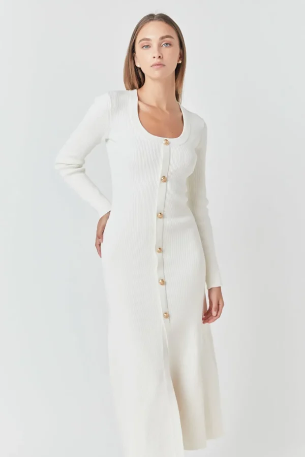 ENDLESS ROSE Tops*- Premium Button-Down Maxi Dress WHITE