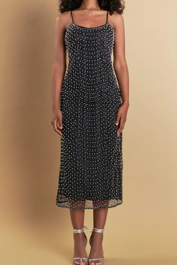 ENDLESS ROSE Tops*- Premium Pearl Beaded Maxi Dress BLACK/IVORYCOMBO