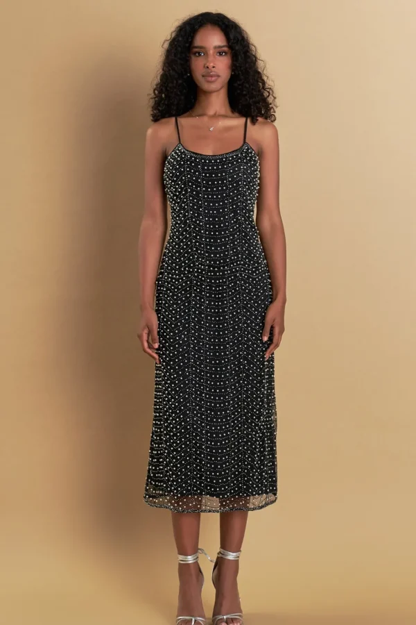 ENDLESS ROSE Tops*- Premium Pearl Beaded Maxi Dress BLACK/IVORYCOMBO