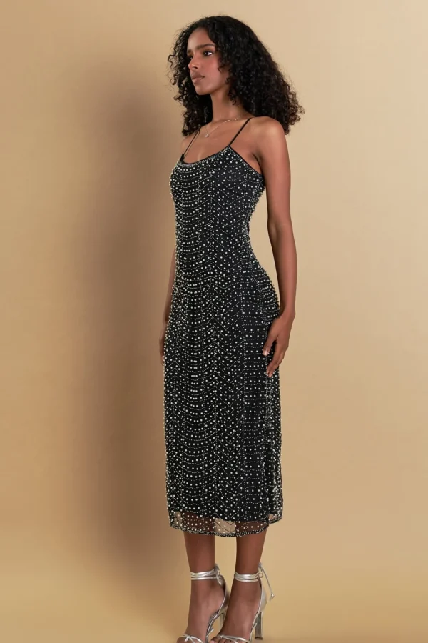 ENDLESS ROSE Tops*- Premium Pearl Beaded Maxi Dress BLACK/IVORYCOMBO