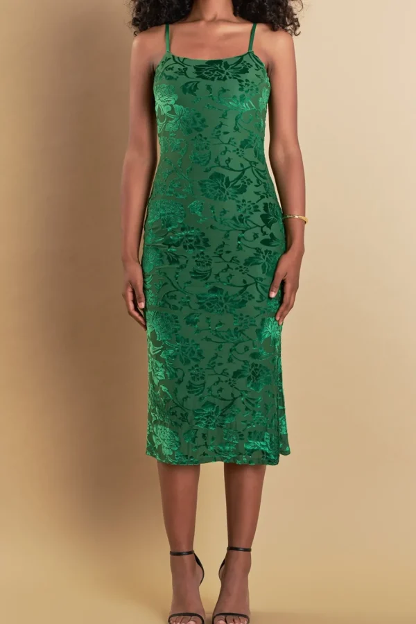 ENDLESS ROSE Tops*- Print Velvet Slip Dress GREEN