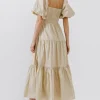 ENDLESS ROSE Tops*- Puff Sleeve Corset Maxi Dress BEIGE