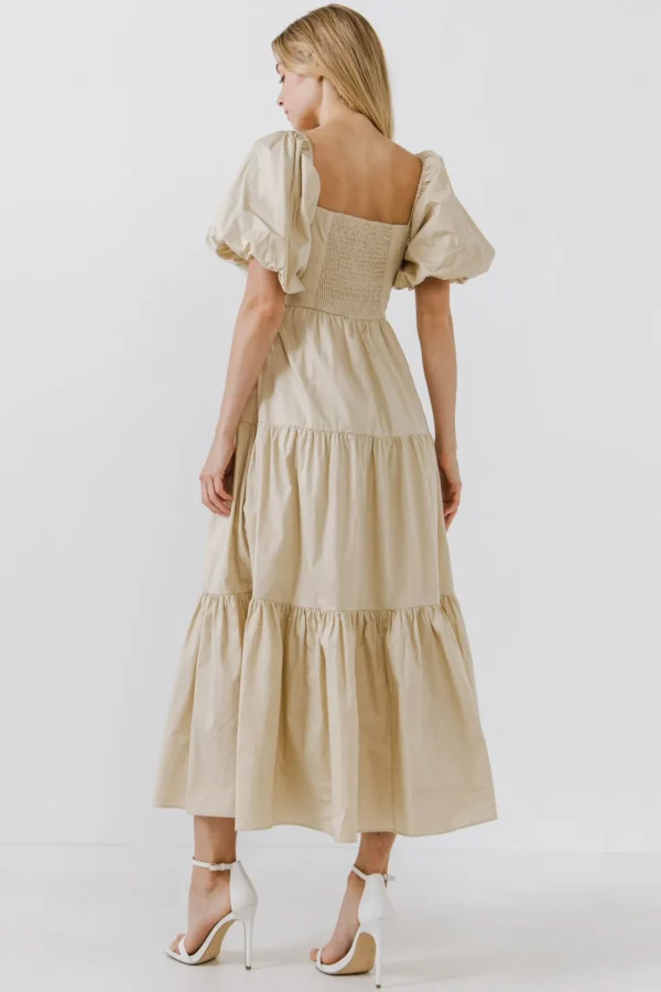 ENDLESS ROSE Tops*- Puff Sleeve Corset Maxi Dress BEIGE