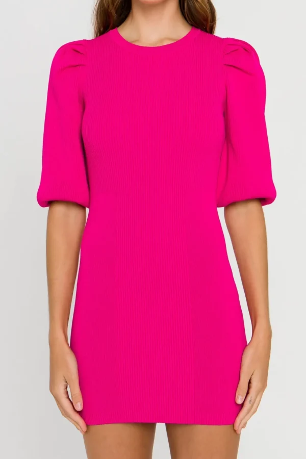 ENDLESS ROSE Tops*- Puff Sleeve Knit Dress PINK