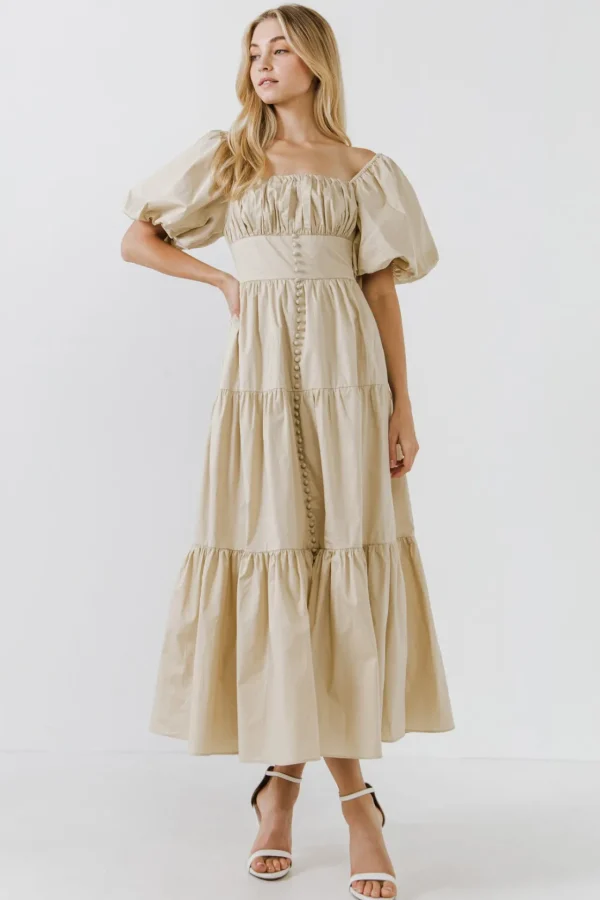 ENDLESS ROSE Tops*- Puff Sleeve Corset Maxi Dress BEIGE
