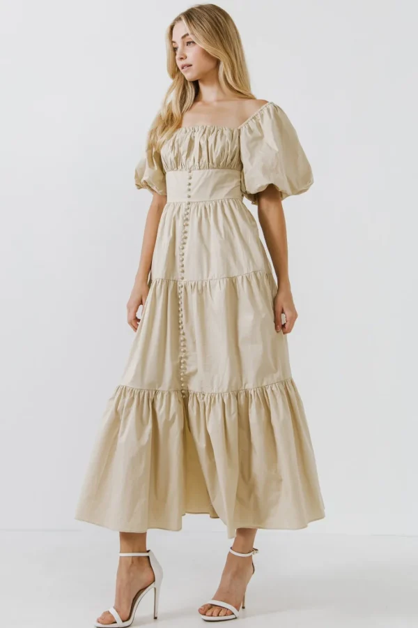 ENDLESS ROSE Tops*- Puff Sleeve Corset Maxi Dress BEIGE