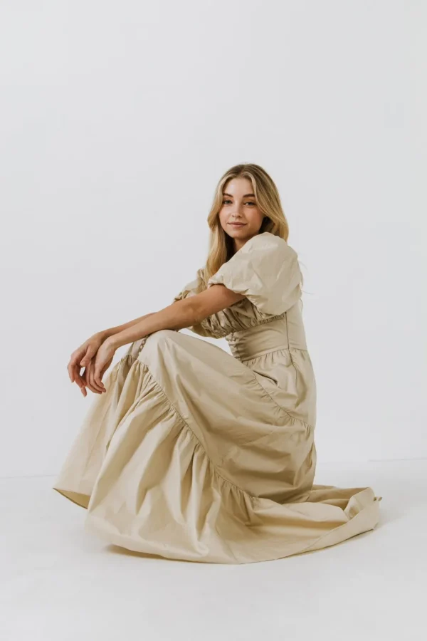 ENDLESS ROSE Tops*- Puff Sleeve Corset Maxi Dress BEIGE