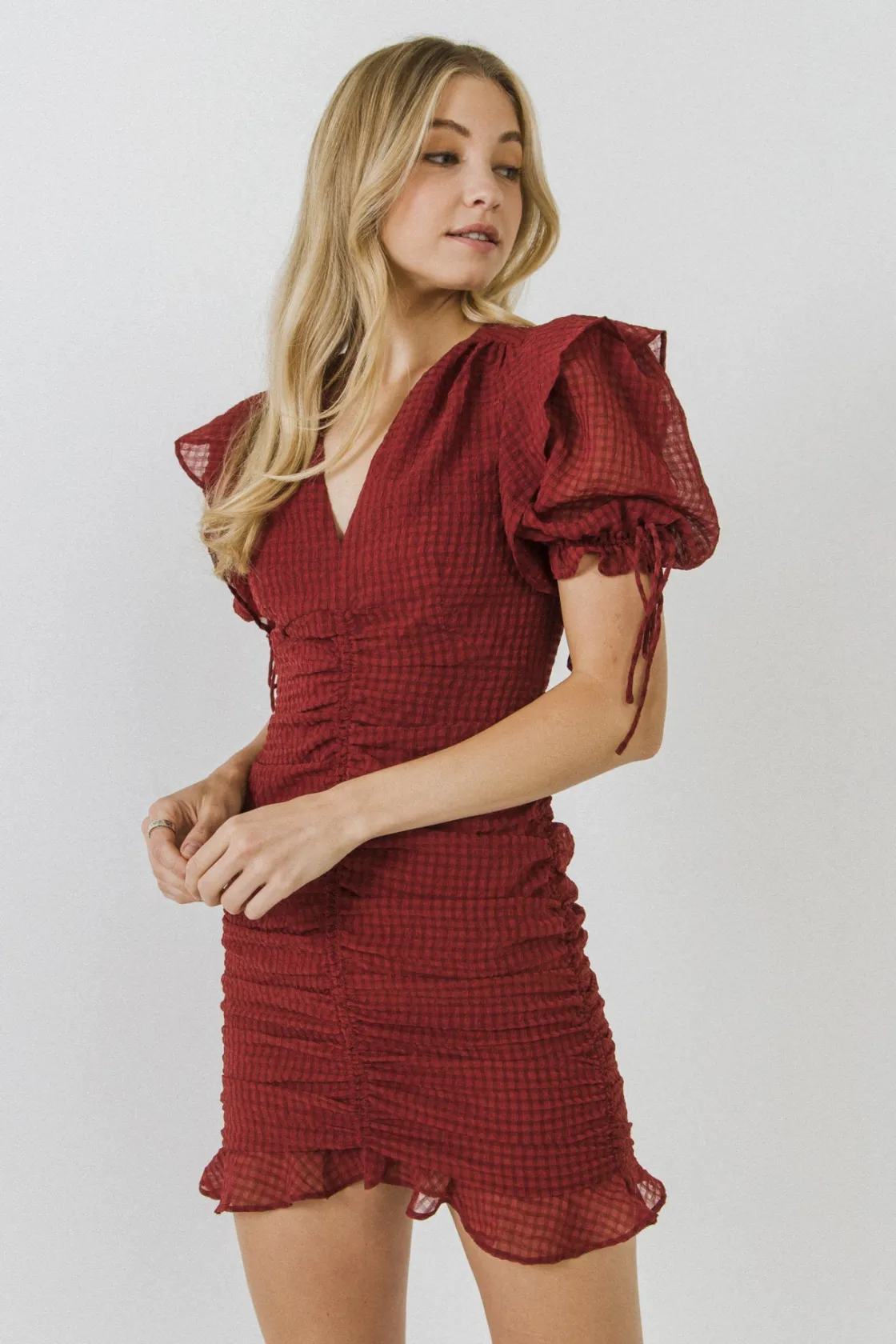endless_rose__puff_sleeve_3-4.webp ENDLESS ROSE Tops*- Puff Sleeve Ruched Mini Dress WINE