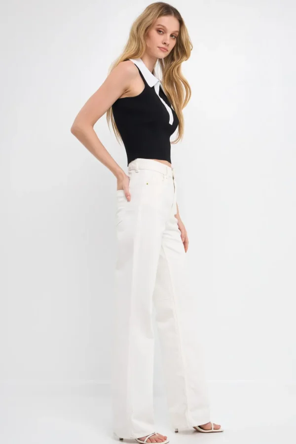ENDLESS ROSE Tops*- Rib Knit Contrast Collar Sleeveless Top