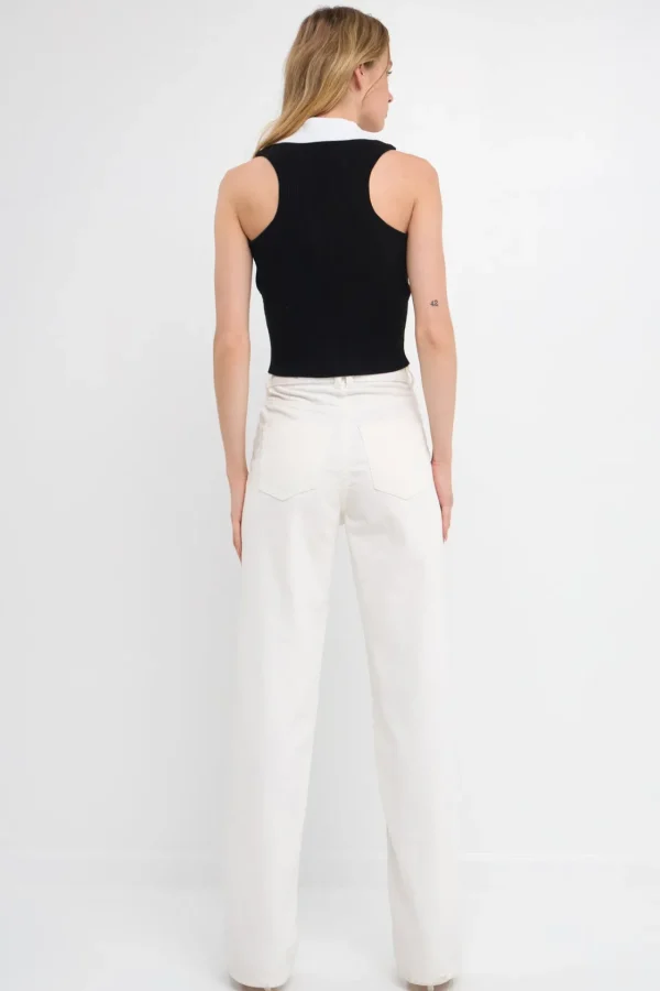 ENDLESS ROSE Tops*- Rib Knit Contrast Collar Sleeveless Top