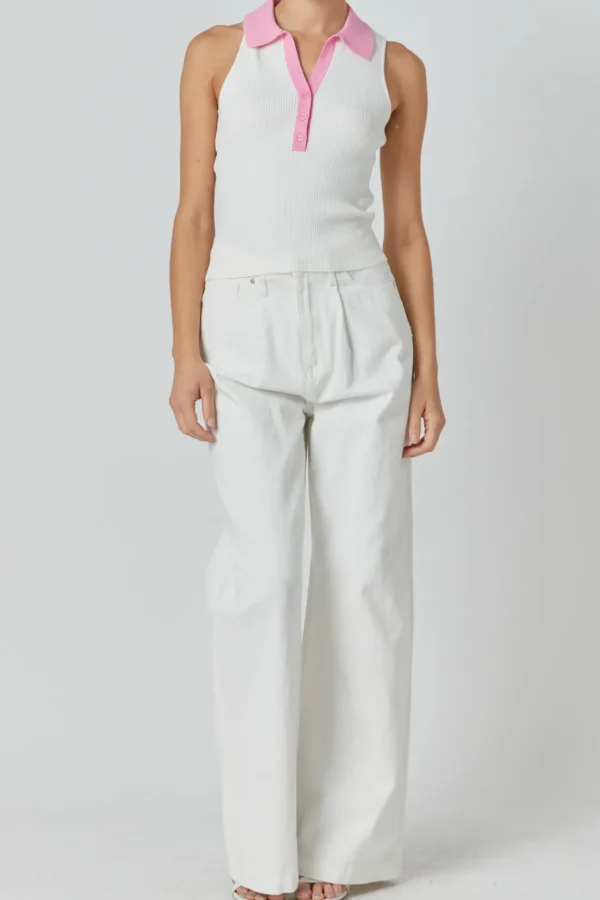 ENDLESS ROSE Tops*- Rib Knit Contrast Collar Sleeveless Top
