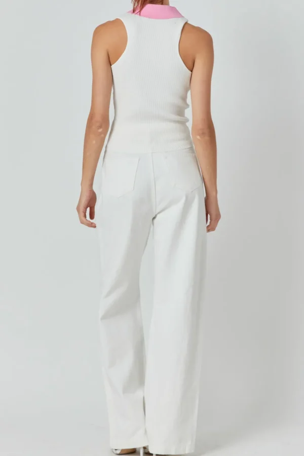 ENDLESS ROSE Tops*- Rib Knit Contrast Collar Sleeveless Top