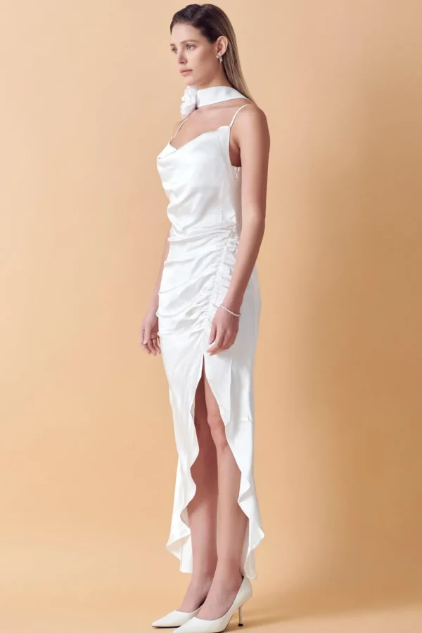 ENDLESS ROSE Tops*- Ruched Asymmetrical Satin Slip Maxi WHITE