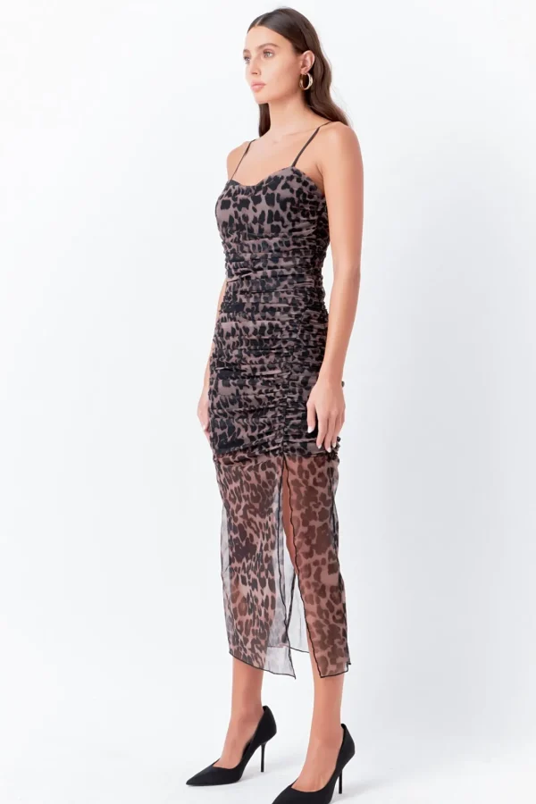 ENDLESS ROSE Tops*- Ruched Mesh Asymmetrical Midi Dress LEOPARD