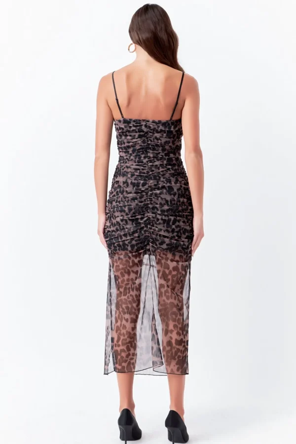 ENDLESS ROSE Tops*- Ruched Mesh Asymmetrical Midi Dress LEOPARD