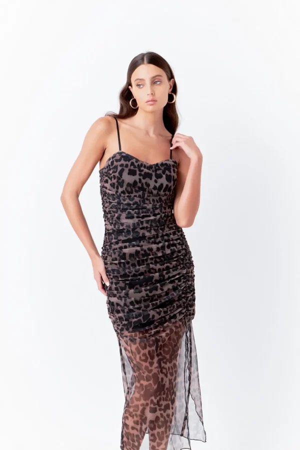 ENDLESS ROSE Tops*- Ruched Mesh Asymmetrical Midi Dress LEOPARD