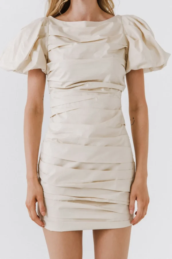 ENDLESS ROSE Tops*- Ruched Puff Sleeve Dress IVORY