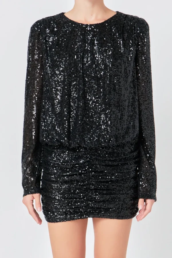 ENDLESS ROSE Tops*- Ruched Sequin Mini Dress BLACK