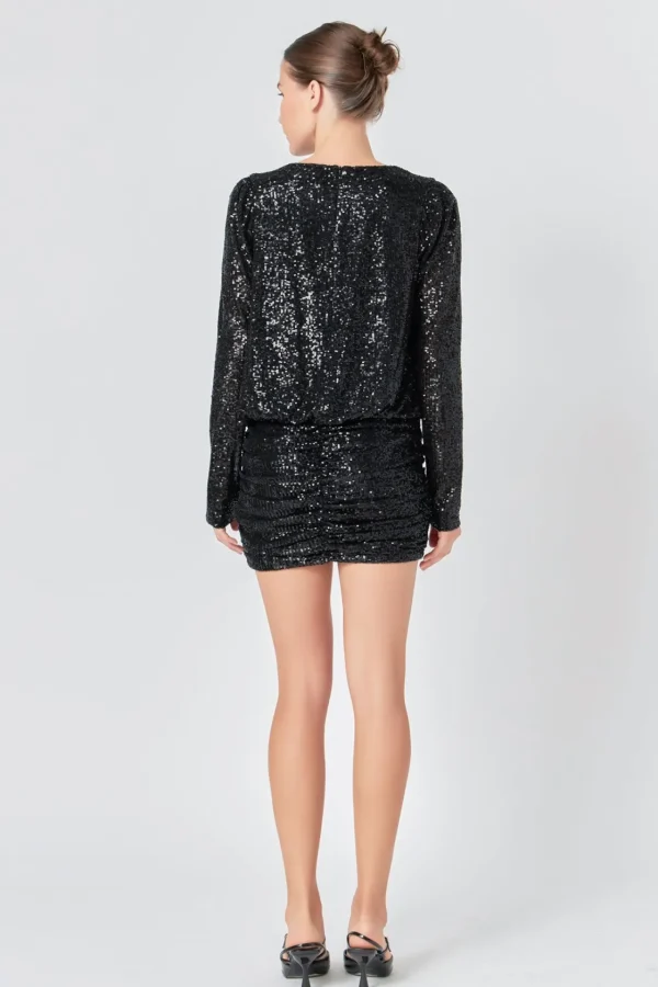 ENDLESS ROSE Tops*- Ruched Sequin Mini Dress BLACK