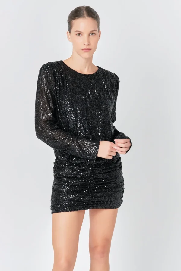 ENDLESS ROSE Tops*- Ruched Sequin Mini Dress BLACK
