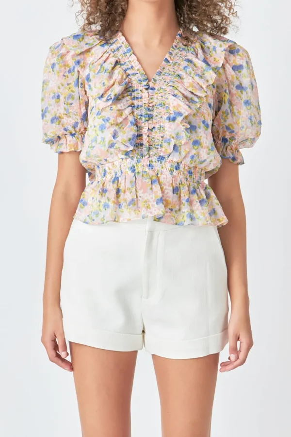 ENDLESS ROSE Tops*- Ruffle Bodice top with Puff Sleeves PINKMULTI