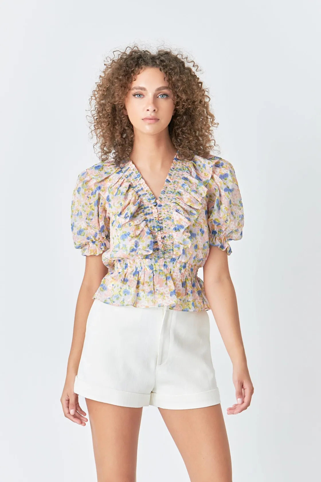 endless_rose__ruffle_bodi_3.webp ENDLESS ROSE Tops*- Ruffle Bodice top with Puff Sleeves PINKMULTI