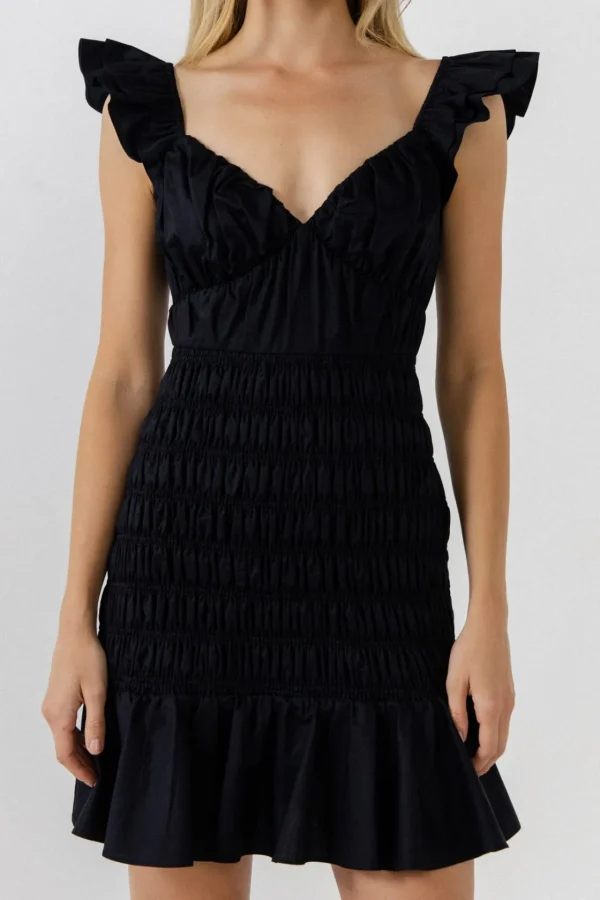 ENDLESS ROSE Tops*- Ruffle Sleeve Smocked Mini Dress BLACK