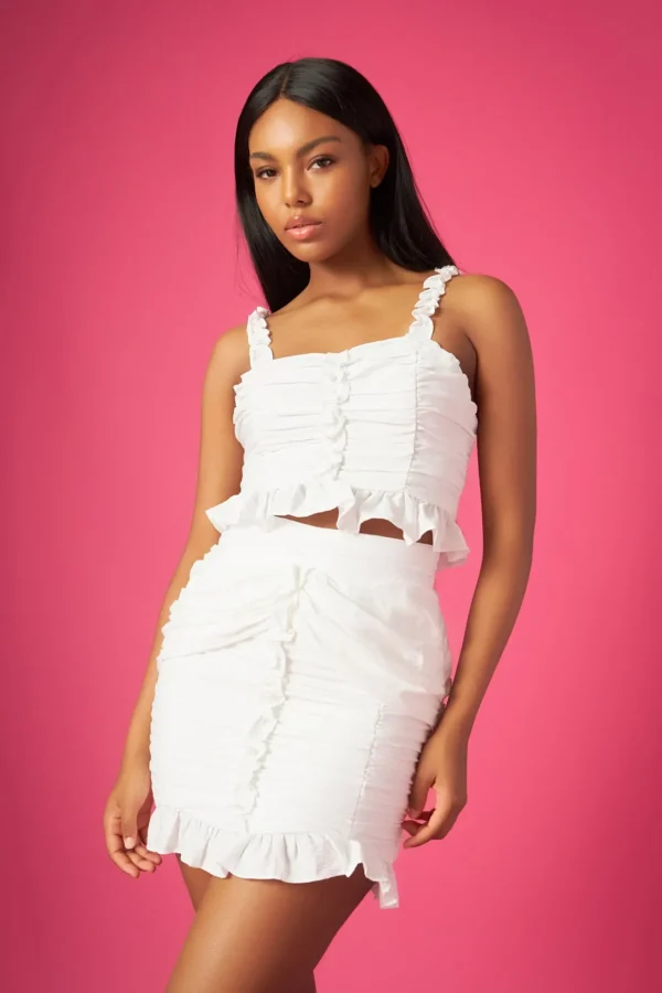 ENDLESS ROSE Tops*- Ruffled Ruched Cropped Top WHITE